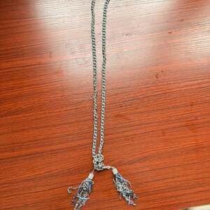 Vintage Silver Chain Necklace With Box Slide and Chain Tassel Ends - Premier Des